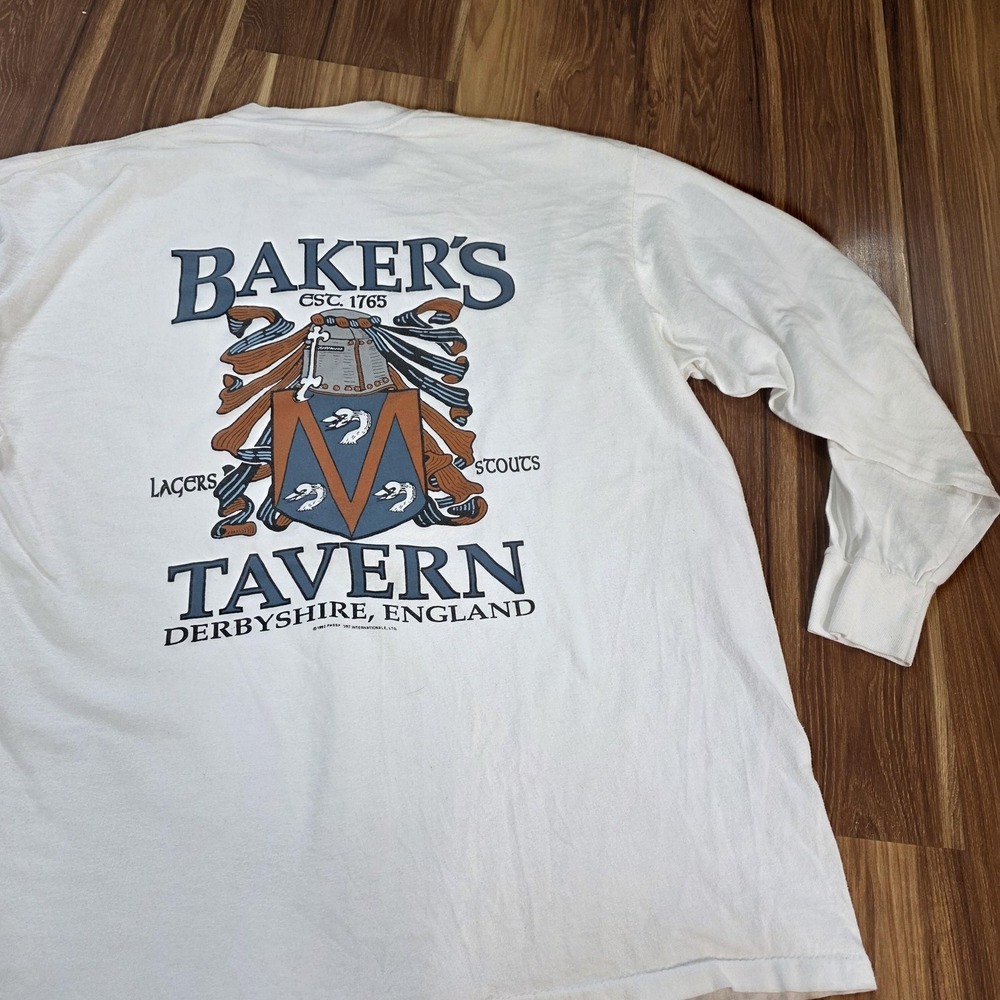 Vintage Baker's Tavern Pub Tour Shirt Mens XL White Oneita Derbyshire 90s‎